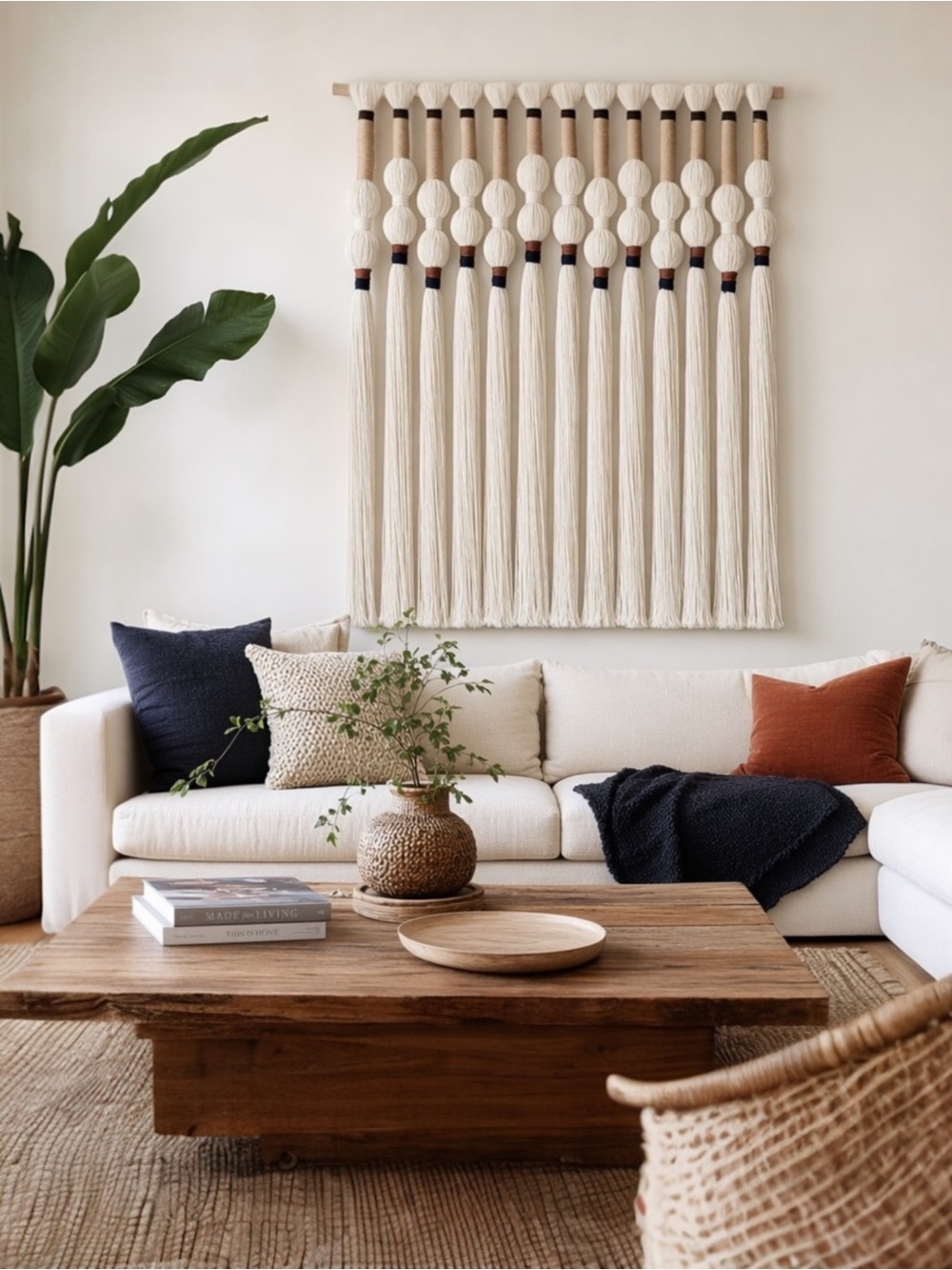 NEW Anthropologie XL Boho White Ball Tassel Tapestry Woven Wall Hanging - 33"